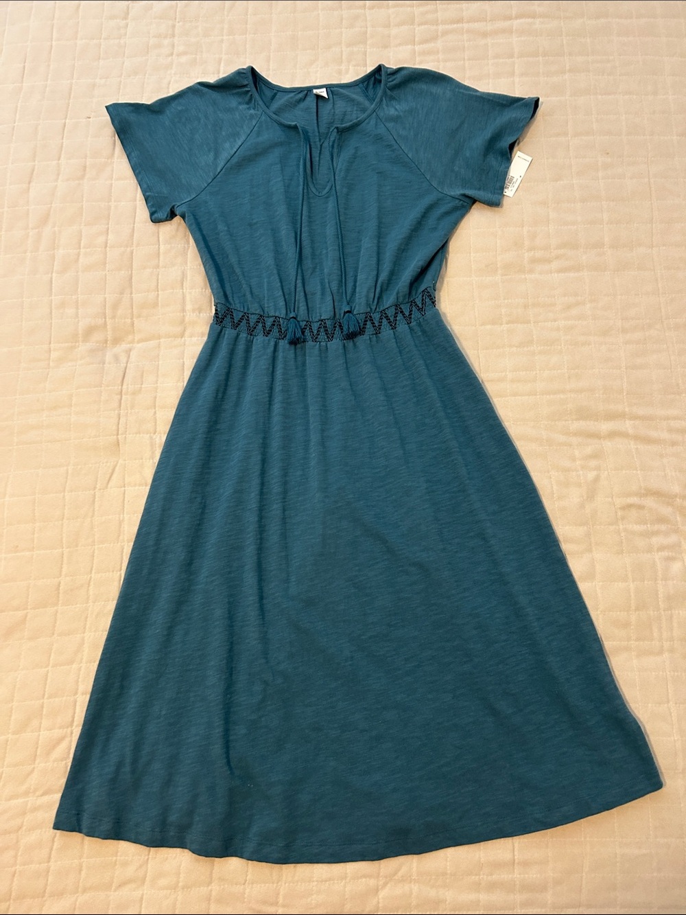 Old Navy Teal Boho Midi Dress Tassel Ties Smocked Waist S - Picture 2 of 5